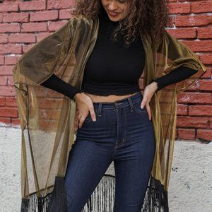 Sheer Metallic Tassel Kimono OS Black & Gold Sheen